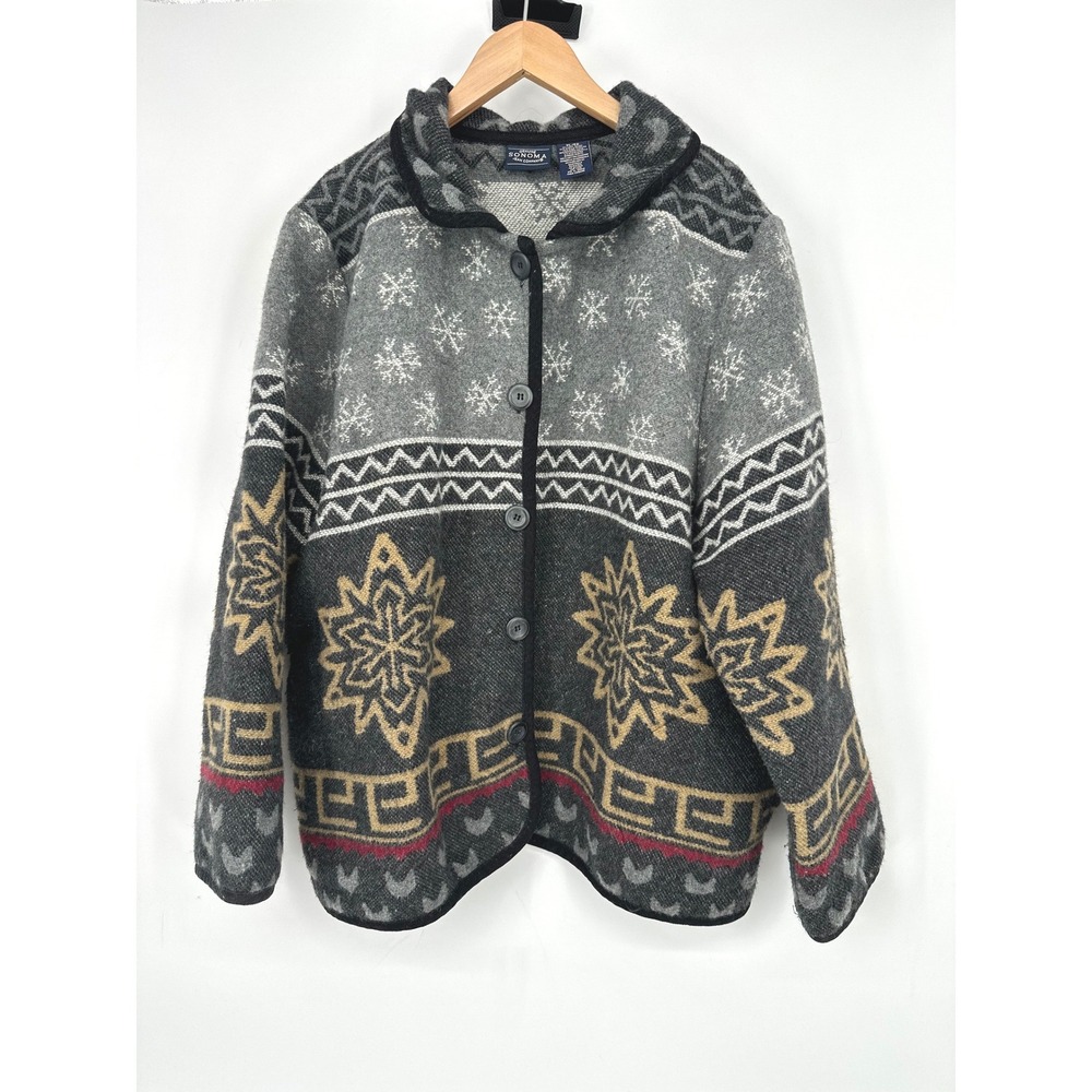 Sonoma Cardigan Sweater Women XL Gray Nordic Snowflake Button Front Wool Blend